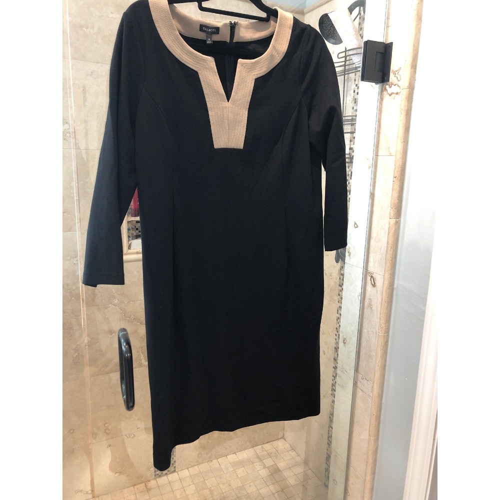 TALBOTS Women Black Tan Ponte Knit Sheath Dress 10 Classic V-Neck Long Sleeve